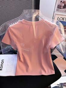 INAWLY 大码女式纯色仿珍珠装饰休闲短袖短款T恤 - 粉色 - 查看 2