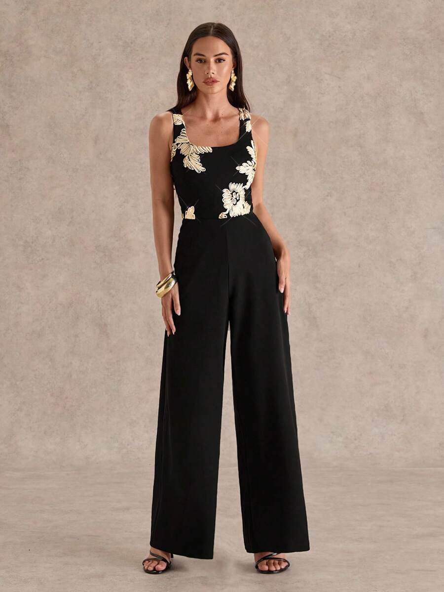 Glamine 女士黑色刺绣优雅性感无袖方领弹力长款连体裤 - 黑色 - 查看 1