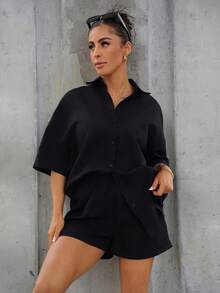 SAYEHFBABY Camisa unicolor con botón de hombros caídos & Shorts - Negro - Ver 5