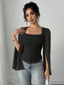 Firerie Damen Einfarbige Plissee Kragen Chiffon Schlitz Langarm Bluse, Business Lässig Sommer für Frauen - Schwarz - Übersicht 5