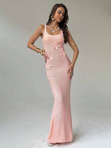 Aloruh 全新时尚年轻度假风格低胸修身纯色3D花卉装饰腰部收腰粉色露背A字长款针织连衣裙 - 粉色 - 查看 10