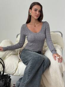 Aloruh Áo len chui đầu dài tay cổ tim dệt kim kiểu dáng cổ điển mới, trang phục cơ bản đa năng cho mùa thu - Màu xám đen - Xem 6