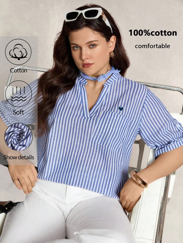 Zelara Camisa a rayas informal de primavera/otoño para talla grande con cuello entallado y mangas enrolladas, top profesional cómodo de algodón para mujer de negocios casuales, blusa de negocios