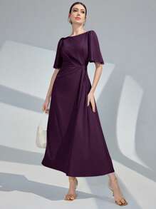 Modelyn 女士纯色圆领荷叶边短袖连衣裙长款晚礼服 - 紫色 - 查看 5