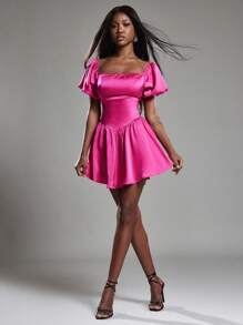 NYA SZN Dress Off The Shoulder Puff Sleeve Satin Bright Pink Mini Bridal Bridesmaid Special Occasion Sundresses Summer Spring Statement Valentines Day Carnival Outfits For Women