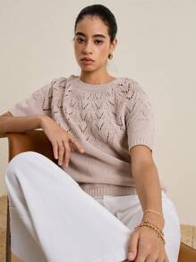 Airaco Fair Isle Style Hollow Perforated Crew Neck Short Sleeve Casual Undershirt