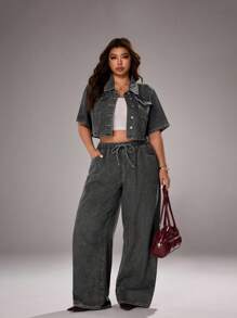 SHEIN EZwear 大码时尚深色洗水牛仔裤 - 灰色 - 查看 4