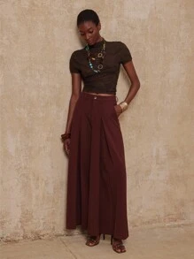 SHEIN Privé Camiseta de manga corta de punto jacquard transparente de color marrón sólido elegante para mujer, estilo BOHO, de lujo, glamoroso para vacaciones, otoño/primavera de VITNOS - Marrón - Ver 6