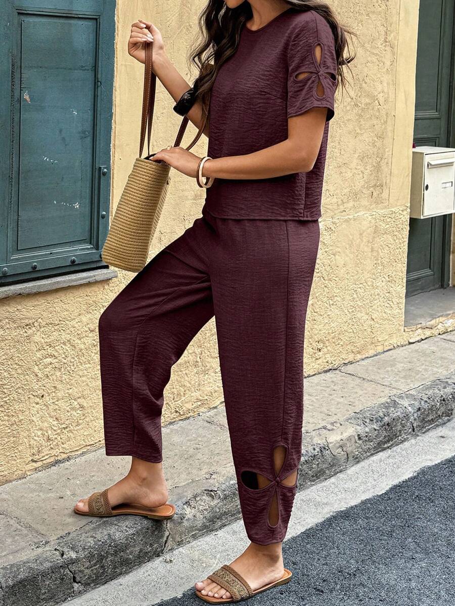 Selianne 2pcs Women Set: Hollow-Out Short Sleeve Crew Neck Blouse + Hollow-Out Casual Long Pants Travel Dark Burgundy Summer - Burgundy - View 1