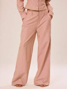 MUSERA Tailored Mid Rise Pinstripe Wide Leg Trouser Business Casual Spring - Brown - View 3