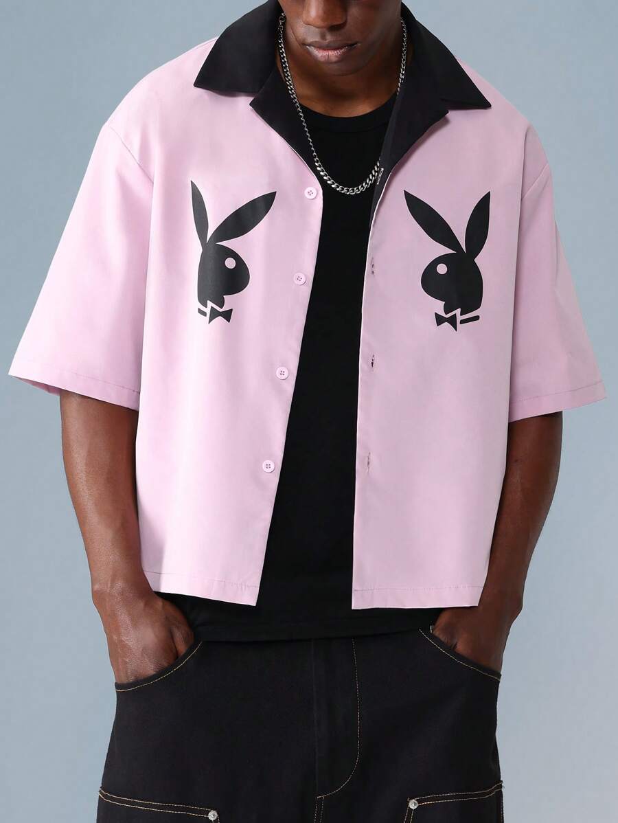 PLAYBOY X SUMWON Kaninchen-Muster Knopfleiste Bowling Hemd Kurzarm Retro Streetwear Lässig Sommer Club Festival Mode