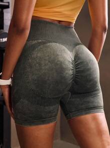 Powerista Quần short tập thể dục cạp cao sọc dành cho nữ - Màu xanh lá cây đậm - Xem 2