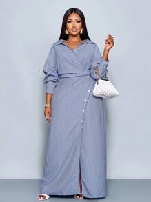 SOLERSUN Plus Size Women's Stripe Print Button-Up Front Shirt Dress, Asymmetric Hem, Dolman Sleeves, Slit A-Line Long Skirt,Wrap Shirt, Fall Clothing, Long Sleeves, Winter Clothing, Elegant, Daily Commute, Our Way Of Travel, Casual, Two Pieces Set