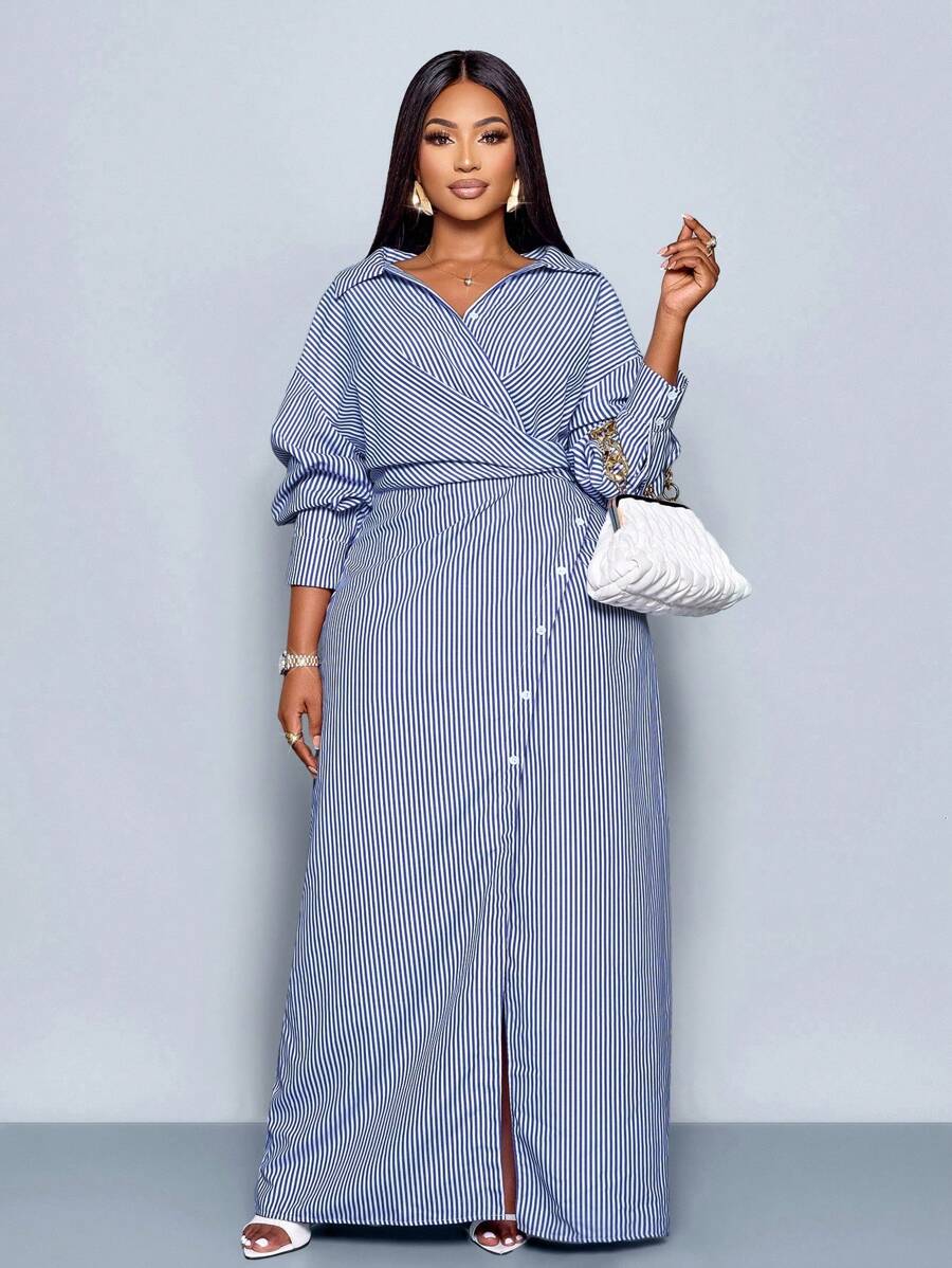 SOLERSUN Plus Size Women's Stripe Print Button-Up Front Shirt Dress, Asymmetric Hem, Dolman Sleeves, Slit A-Line Long Skirt,Wrap Shirt, Fall Clothing, Long Sleeves, Winter Clothing, Elegant, Daily Commute, Our Way Of Travel, Casual, Two Pieces Set