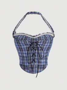 Chiquease Regata Ajustada Casual Versátil com Babado Xadrez Retrô, Estilo Universitário - Multicolorido - Visão 2