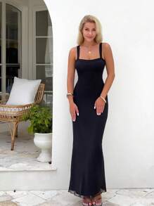 Women's Solid Color Fitted Elegant Maxi Slip Dress - Black - View 4