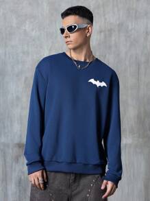 BATMAN X SHEIN Men's Casual Everyday Letter & Bat Print Crew Neck Sweatshirt Men Blue Sweatshirt Navy Blue Sweatshirt Batmobile Sweatshirt Men Graphic Sweatshirt - Blue - View 5