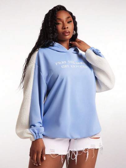 SHEIN SXY Plus Size Women's Autumn/Winter Hooded Patchwork Fuzzy Fabric Pullover Sweatshirt, Suitable For Sexy Office Siren Coquettish, Prom, Ball, Valentine's Day, Cruise Attire, Commuting, Business, Retro, Party, Resort, Outing, Old Money, Richly Layered, Date Night, Gathering, Minimalism, Birthday, Formal Event, Gyaru, Ibiza, Nashville, Break, Modest, Chic, Casual, Shopping, Streetwear, Going Out, , Accent Your Body, Flatter The Figure Fall