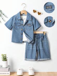 2 件套复古水洗牛仔青年男童休闲街头服饰套装 - 短袖 T 恤和松紧腰卷边短裤