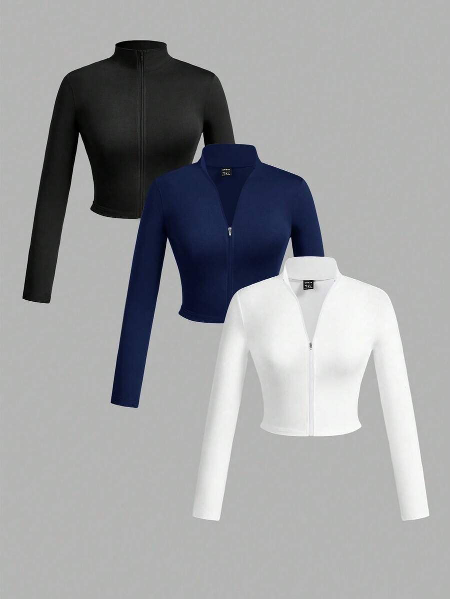 Slaydiva 3 件套女士简约休闲秋冬 V 领拉链紧身长袖 T 恤，白色+黑色+灰色 - 藏蓝色 - 查看 1