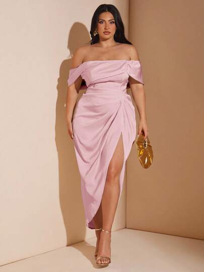 SHEIN BAE Vestido de longitud media elegante y drapeado para mujer de talla grande, adecuado para bodas, damas de honor, fiestas de cóctel y ocasiones formales