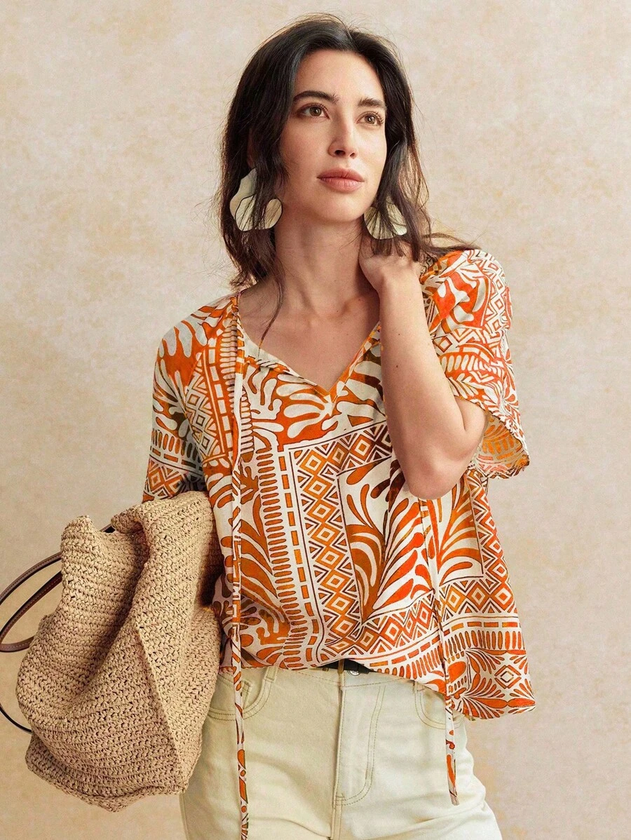 Écloséra Áo sơ mi nữ buộc dây phiên bản H bằng vải lanh giả in họa tiết cổ điển kiểu Pháp - Màu Cam san hô - Xem 1