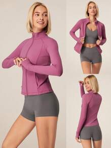 GLOWMODE FeatherFit™-Warm Slim-It It's Chilly 保暖内衬修身长袖夹克，带拇指孔，秋冬瑜伽日常休闲 - 紫色 - 查看 8