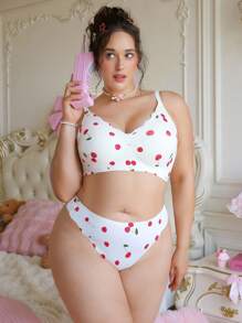 PetitDoll Plus Size Seamless Cherry Print Lingerie Set - Multicolor - View 3