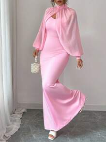 Elenzga New Elegant Mature Charm Evening Gown, Dignified & Gentle, Dreamy Pink, Hand-Beaded Long Sleeve Top, Graceful Mermaid Hem Bodycon Slip Dress Set Fall Cloth For Women - Pink - View 7