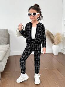 SHEIN Nova Glow 2 件套少女针织格子开衫和配套针织打底裤套装，毕业装 - 黑色 - 查看 5