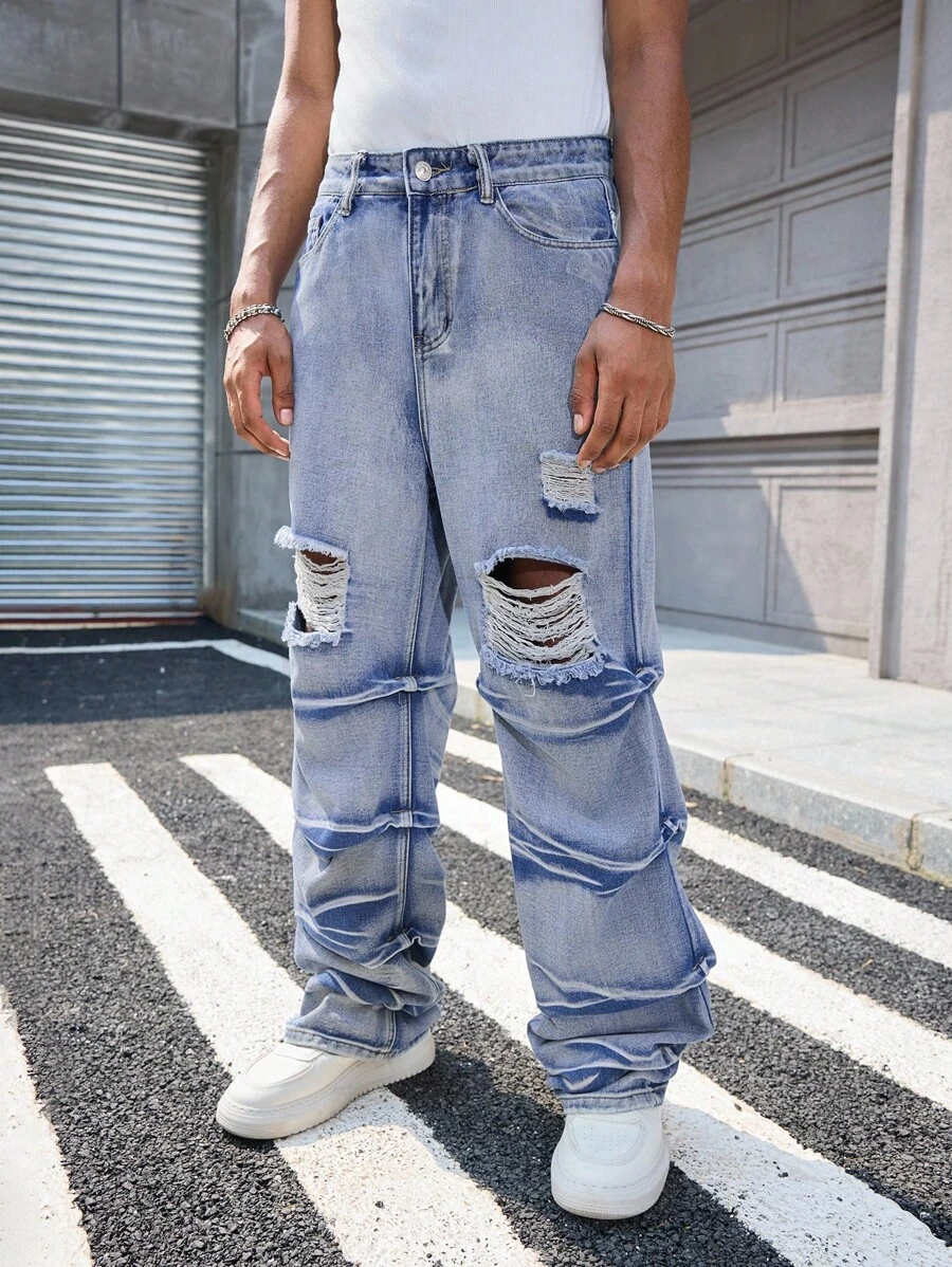 Manfinity EMRG 男士浅洗蓝色膝盖破洞牛仔裤，春夏 - 淺色水洗藍 - 查看 1