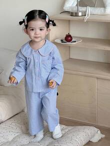 DAZY Baby Girls' Striped Korean Style Peter Pan Collar Long Sleeve Casual Pajamas - Blue - View 8