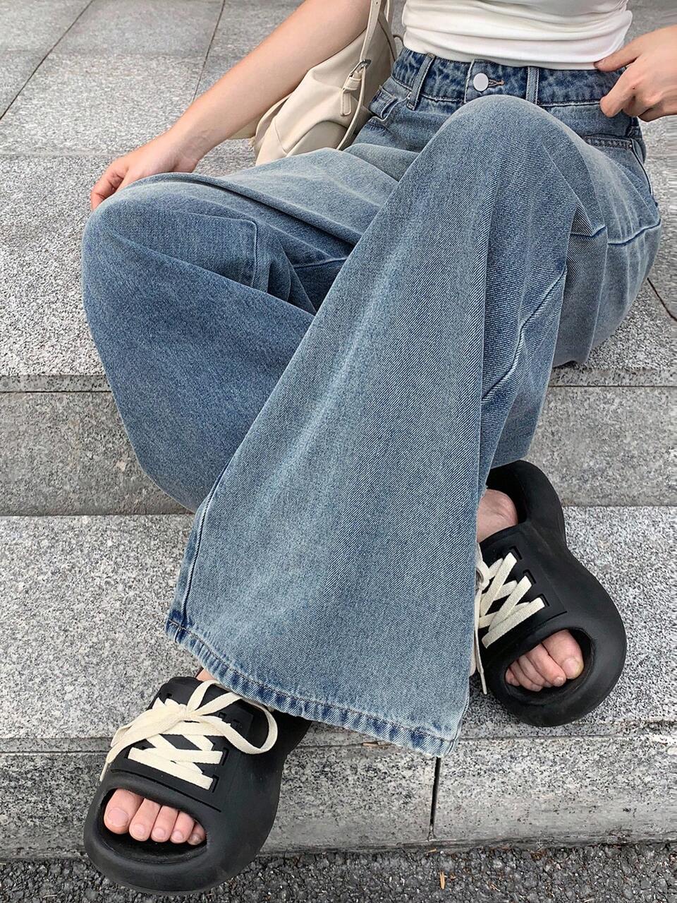 Casual Distressed Loose Fit Wide Leg Jeans Low Rise Jeans Cute Tops