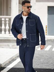 Manfinity Homme 大码男士街头风格休闲抗皱、耐用、防污口袋深蓝色牛仔西装，秋季服装 - 深色水洗藍 - 查看 7