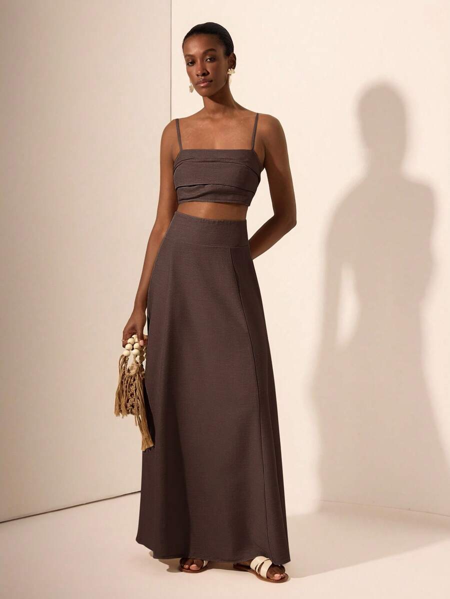 Zivah 2025 夏季新款音乐节、复活节、圣帕特里克节、西部风、游牧风、生日派对、毕业典礼、学生装、日常穿着、休闲装、度假装、邮轮旅行、海滩装、日光浴装、时尚装、荷叶边装、细肩带装、麻花针织装、竹纤维装、亚麻装、卡其色女装两件套巧克力棕色两件套棕色短款上衣和裙子套装