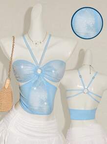 SHEIN ICON Women's Blue Lace, Sequin & Mesh Splice Front Circular Ring Tie Ruched Hollow Slim Sexy Camisole For Summer - Blue - View 1