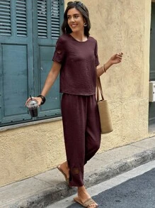 Selianne 2pcs Women Set: Hollow-Out Short Sleeve Crew Neck Blouse + Hollow-Out Casual Long Pants Travel Dark Burgundy Summer - Burgundy - View 3