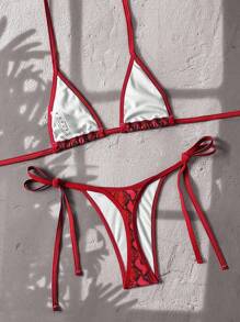 Swim Vcay 2pcs/Set Random Print Ribbed Texture Halter Micro Triangle Bra And Side Tie Thong Sexy Bikini Set For Summer Beach Vacation