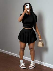 Slaydiva 新款春夏休闲基础运动风简约圆领短袖两面聚拢短T恤+摆伞裙两边短款前后中长款小Leo - 彩色 - 查看 4