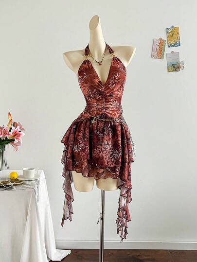 Soleia Vestido de mujer azul estampado, de malla tejida y escote de halter, ideal para vacaciones románticas