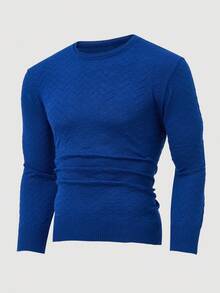 EURMUSE 男士罗纹针织几何图案圆领常规毛衣 - 寶藍色 - 查看 3