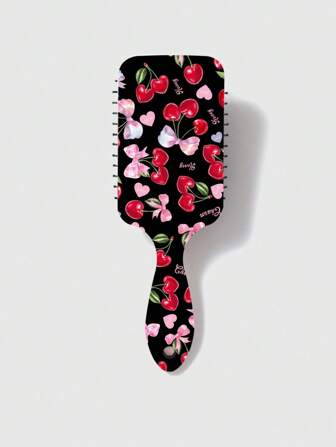 Kawaii Cepillo de pelo con cojín estampado de lazo de cereza, peine desenredante con masaje del cabelludo