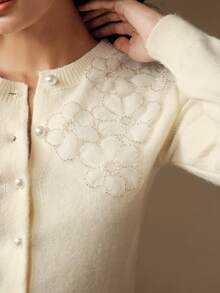 Anewsta Women's Elegant Knitted Cardigan With Pearl Buttons And Floral Embroidery, Round Neck, Suitable For Autumn/Winter