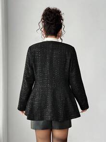 Elenzga 大码女式圆领长袖荷叶边下摆腰带优雅夹克 - 黑色 - 查看 2