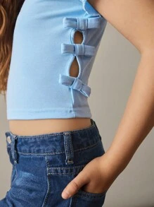 SHEIN 青少年女孩休闲日常百搭舒适圆领超大短袖针织T恤 - 藍色 - 查看 1