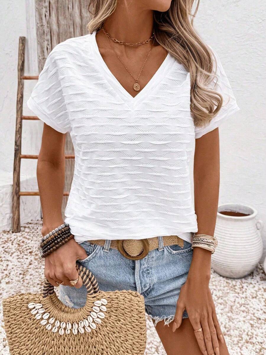 SHEIN LUNE 度假休闲百搭纯色纹理短袖T恤 - 白色 - 查看 1