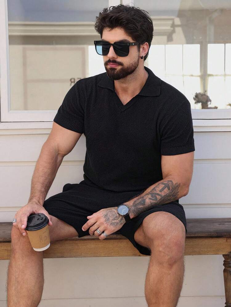 Men's Knitted Black Polo Shirt Set, Spring/Summer