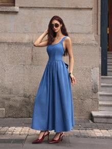 Selenza 女式露背领结无袖长款牛仔连衣裙 - 深色水洗藍 - 查看 3