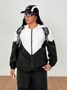 SHEIN EZwear Plus Size Women Casual Contrast Color Loose Zip Up Long Sleeve With Pockets Jacket,White And Black,Fall,Winter,Back To School,Business Casual,Office Outfits,Work,Teacher,Waterproof Fabric,Going Out Outfits,Lightweight Sport Jacket With Hood,,Suitable For Outdoor Hiking,Rainy Day Autumn