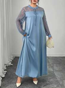 Lacomfia V-Neck Long Sleeve Contrast Lace Flared Dress, Spring/Summer Fall Cloth For Women - Blue - View 5